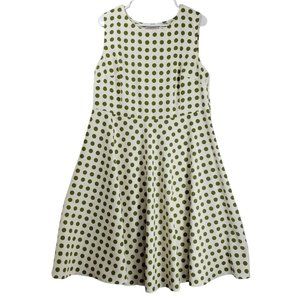 Avenue Dress Womens 14 Ivory Green Polka Dot Fit Flare Sleeveless Stretch Spring